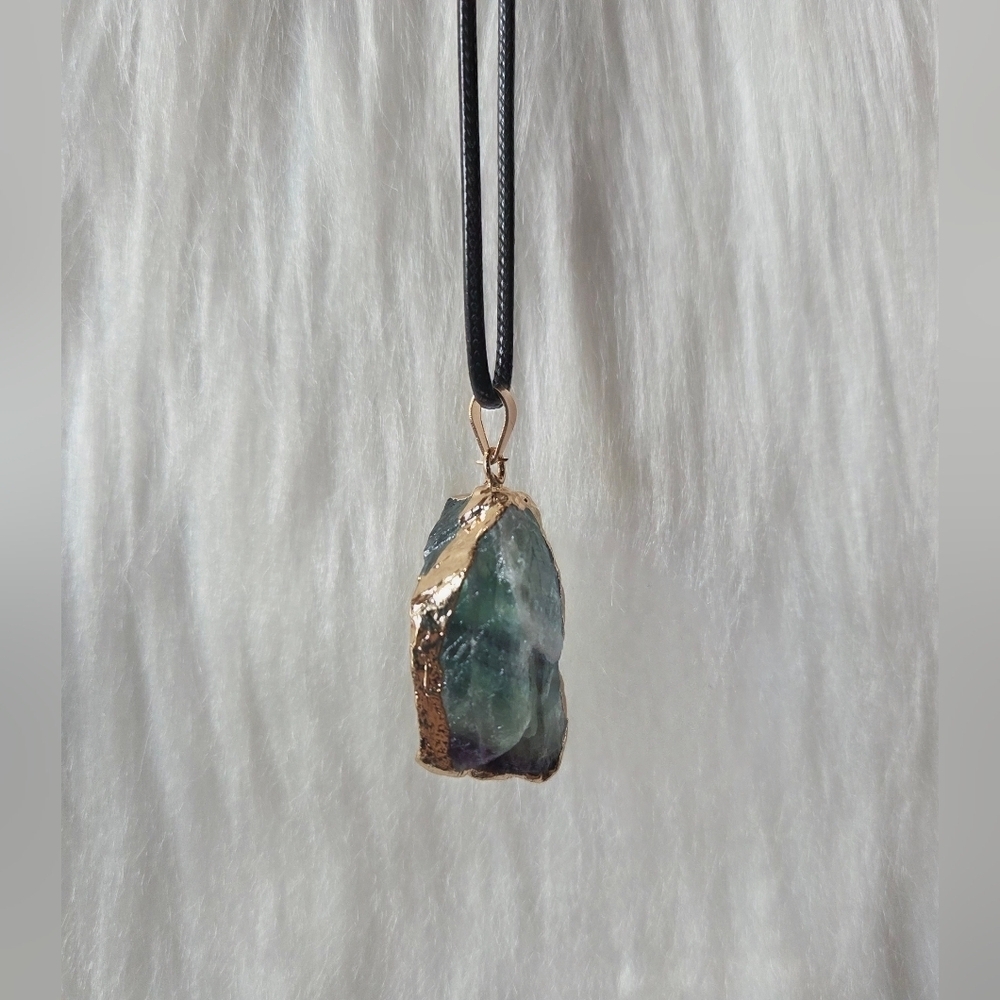 Hearth & Stone Co. Natural Uncut Flourite Pendant W/ Leather Rope & Gold Foils - Picture 5 of 8